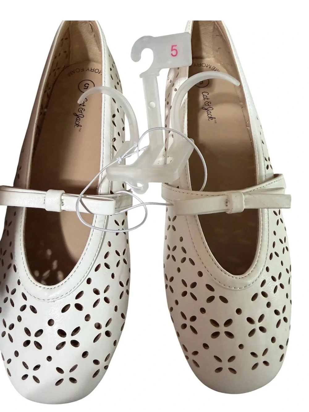Cat & Jack White Laser-Cut Mary Jane Flats with Bow Accent